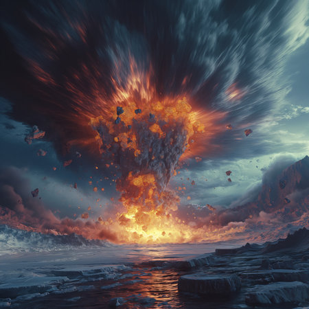 Fantasy landscape with huge explosion on the ocean. 3d illustrationの素材