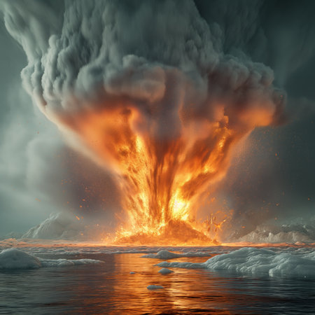 Explosive volcanic eruption over the sea. 3d render illustration.の素材