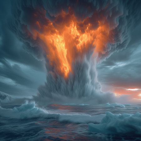 Dramatic cloudscape with a fiery tornado. 3D illustration.の素材