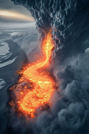 Volcanic eruption with lava and smoke in frozen landscape, 3d illustration.の素材