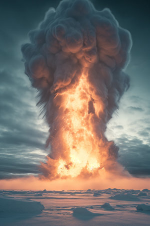 Big explosion in the sky at sunset. 3d rendering toned imageの素材