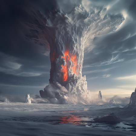 Fantasy snowy landscape with a big fiery tornado in the sky. 3d renderの素材