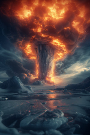 Volcanic eruption in frozen landscape. 3d illustration.の素材