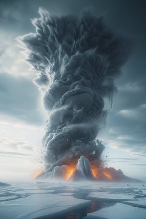 Surreal vortex of fiery clouds in winter landscape. 3D illustration.の素材