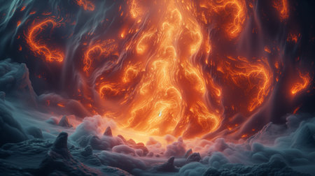 Fantasy alien planet with abstract fire and ice shapes. 3D rendering illustrationの素材