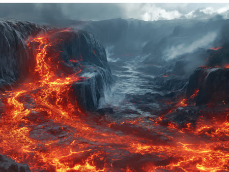 Fiery lava flow from the crater of a volcano. 3D renderingの素材