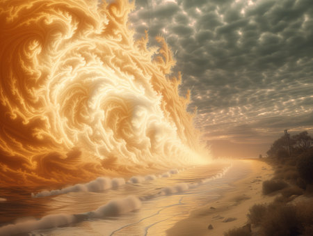Fantasy landscape with a stormy sky and a sandy beach.の素材