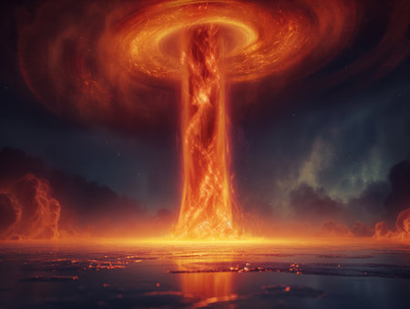 Fiery explosion on fantasy planet. 3D illustration.の素材