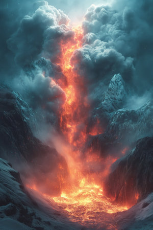 Volcanic eruption in the night. 3D illustration. Fantasy.の素材