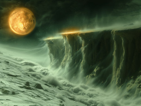 Fantasy alien planet. Mountain and moon. 3D illustration.の素材