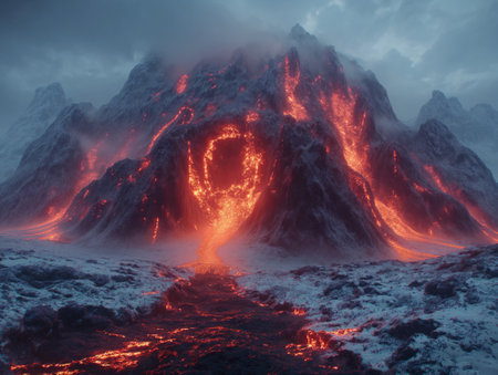 Volcanic eruption. 3D rendering. Computer digital drawing.の素材