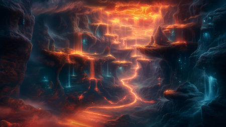 Futuristic 3d illustration of an alien landscape with mountains and lightsの素材