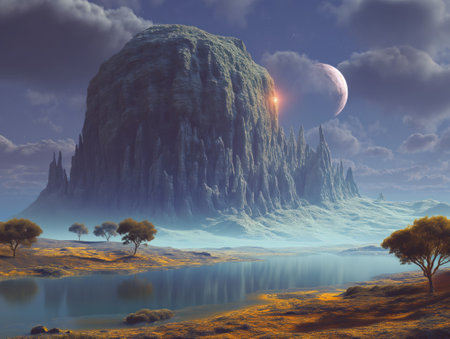 Fantasy alien planet. Mountain and lake. 3D illustration.の素材