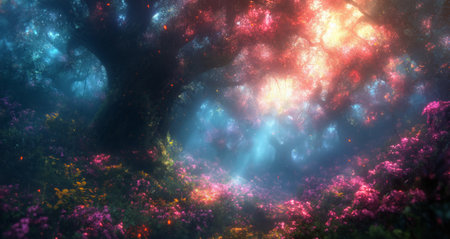 Fantasy forest with fog and rays of light. 3d renderingの素材