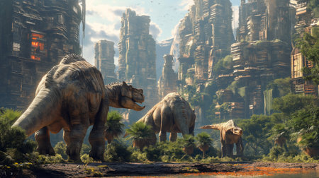 3D CG rendering of Dinosaurs in the jungle. 3D CG rendering.の素材