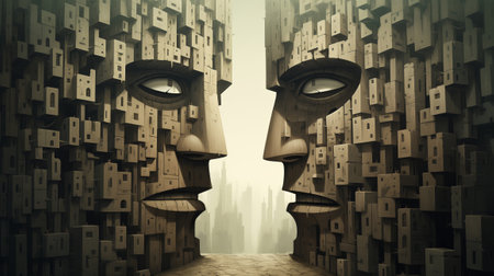 Conceptual 3D Illustration of two giant abstract faces with cityscape.の素材