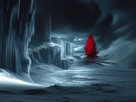 Fantasy landscape with a red christmas tree in the snowdriftの素材