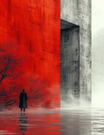 Digital artwork of fantasy landscape with a lonely man standing in front of a concrete wallの素材