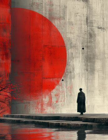 Digital artwork of silhouette of a man standing near the wall with a red circle painted on itの素材