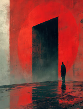 Man standing in front of an abstract open door. 3D rendering.の素材