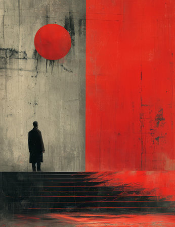 Abstract digital illustration of man standing in front of a wall with red sun in the background.の素材