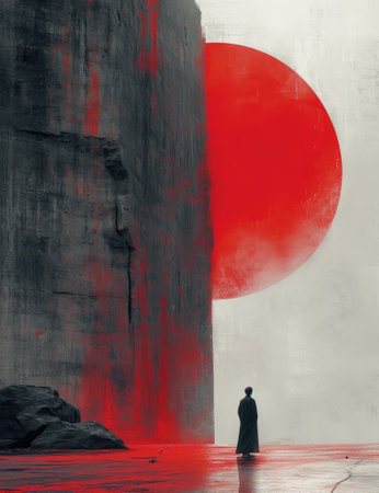 Rear view of a man standing in front of a red moon. Conceptual digital artwork.の素材