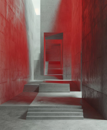 Abstract red interior with stairs, 3d render illustration, square imageの素材