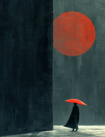 Man in black cloak and red moon on dark background. Conceptual digital artの素材