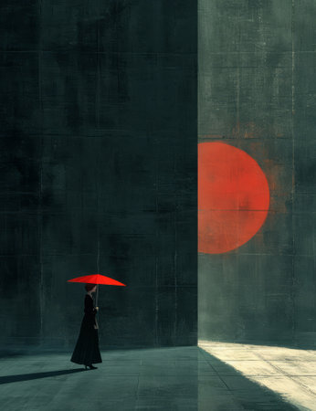 Conceptual artwork of woman with red umbrella standing in a dark room with sun on the wallの素材