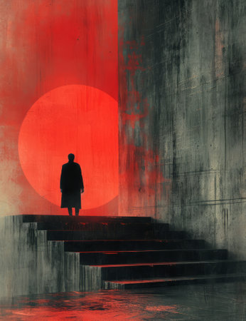 Silhouette of a man standing in front of a red sun. Abstract digital artworkの素材