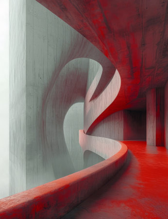 Abstract architecture background, empty concrete interior with red walls, 3d render illustrationの素材