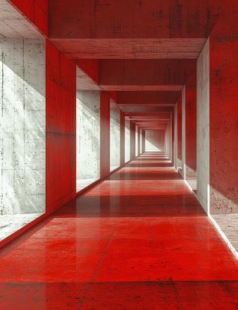 Abstract architecture background, empty interior with red floor, 3d renderの素材