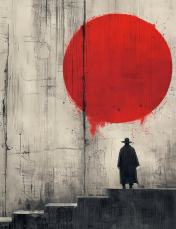 Silhouette of a man in a black cloak standing in front of a wall with a painted red sun, digital illustrationの素材