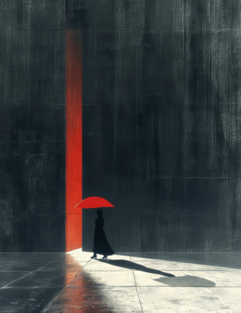 Silhouette of woman with red umbrella on grunge wall background. Digital paintingの素材