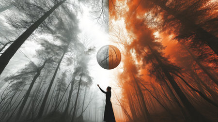 Conceptual image of a person with a sphere above it in the forest.の素材