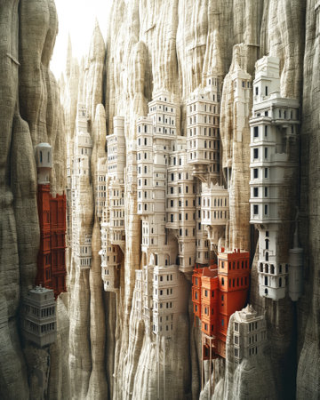 3D Illustration of a Fantasy Landscape with Fairy Tale Buildingsの素材