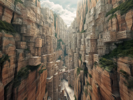 Panoramic view of a futuristic cityscape in a vast, dense canyonの素材