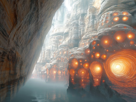 Fantasy alien planet. Mystical canyon with glowing orbs and foggy water. 3D illustration.の素材