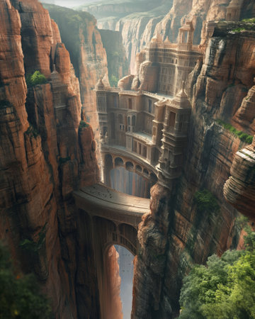 Fantasy cityscape and bridge built between canyonsの素材