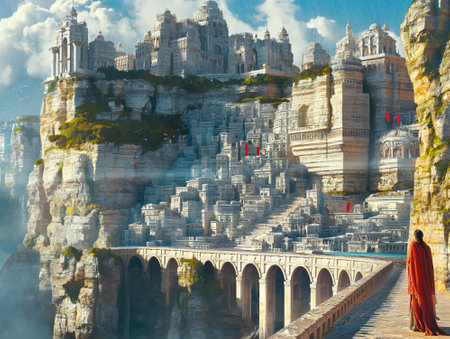 Person overlooking a bridge towards a grand cliffside cityscape. Mixed mediaの素材