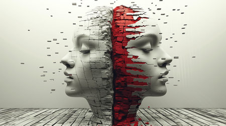 Digital Illustration of two fragmented head sculptures facing opposite directions.の素材