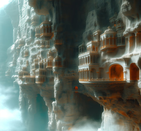Fantasy temple in a cave on a surreal planet. 3d rendering.の素材