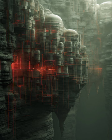 Futuristic landscape with a surreal building complex on the mountain. 3d renderingの素材