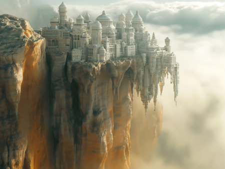 Fantasy alien planet. Mountain with city built on the cliff. 3D illustrationの素材