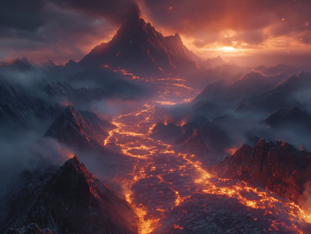 Volcanic eruption with flowing lava in the night. 3d renderingの素材