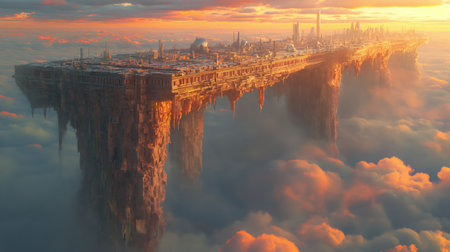 Futuristic cityscape above clouds at sunset, 3d illustration.の素材