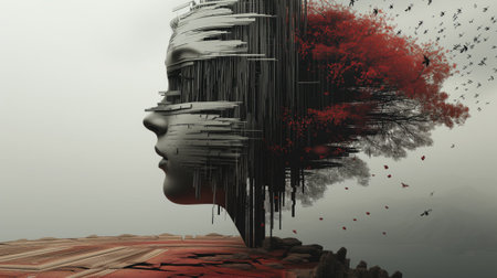 Abstract face of a stone figure blended with red tree in a surreal landscape. 3D renderingの素材