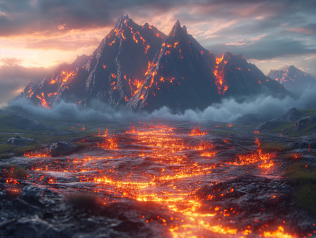 Fiery mountain landscape with flowing lava. 3d render illustration.の素材