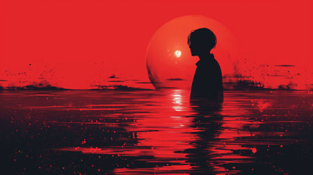 Silhouette of a boy standing in the water at sunset. Conceptual Image.の素材