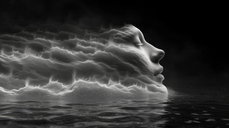 Black and white 3d illustration of a human face dissolving in the water.の素材